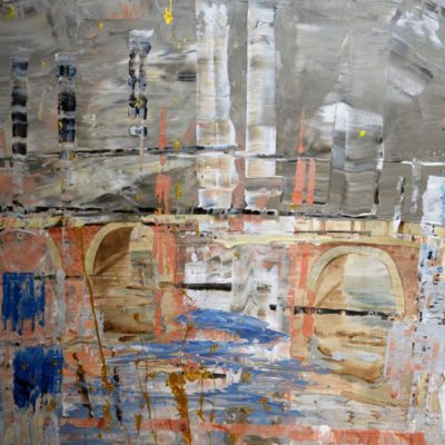 Vor langer Zeit, 2016, Aquarell von Mathilde Berger auf Leinwand auflackiert und mit Acryl übermalt, 100x100 cm