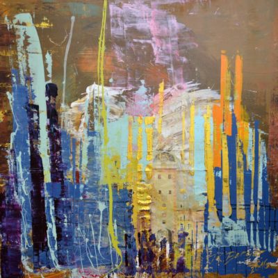 Meine Stadt, 2016, Aquarell von Mathilde Berger auf Leinwand auflackiert und mit Acryl übermalt, 120x120 cm