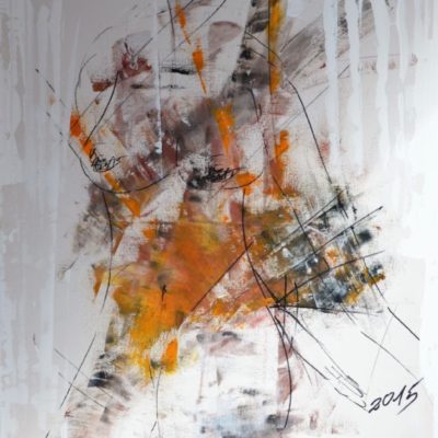 Nackt im Laub, 2015, Aquarell von Mathilde Berger auf Leinwand auflackiert und mit Acryl übermalt, 60x80 cm