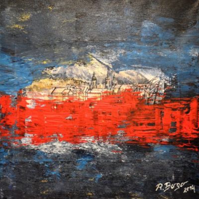 Innsbruck, 2014, Aquarell von Mathilde Berger auf Leinwand auflackiert und mit Acryl übermalt, 50x50 cm